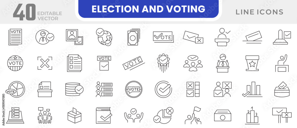 Election and Voting line icon set. Voter registration, election day, campaign rally, polling station, absentee ballot, early voting, voter id, ballot line icon set. Ui thin line icon pack. Election and Voting line icon set. Voter registration, election day, campaign rally, polling station, absentee ballot, early voting, voter id, ballot line icon set. Ui thin line icon pack.