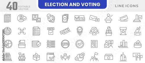 Election and Voting line icon set. Voter registration, election day, campaign rally, polling station, absentee ballot, early voting, voter id, ballot line icon set. Ui thin line icon pack.