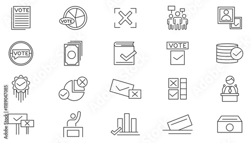 Election and Voting line icon set. Voter registration, election day, campaign rally, polling station, absentee ballot, early voting, voter id, ballot line icon set. Ui thin line icon pack.