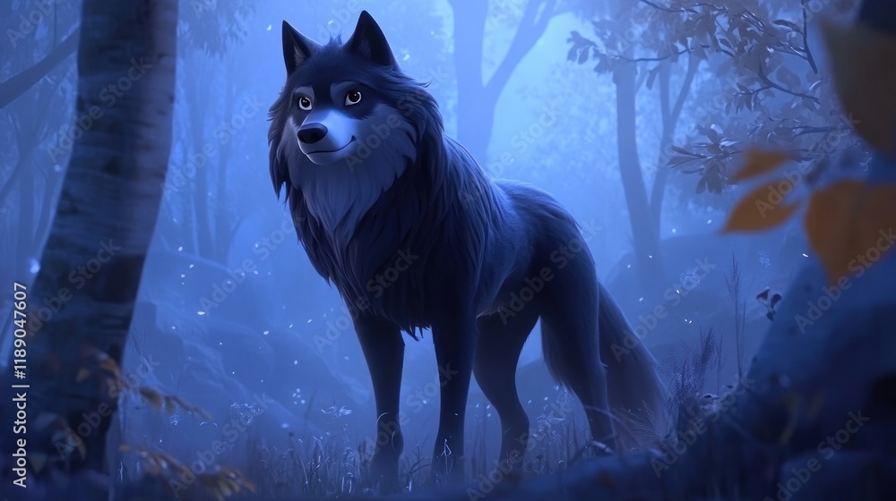 Obraz premium Majestic wolf standing in a mystical, moonlit forest.