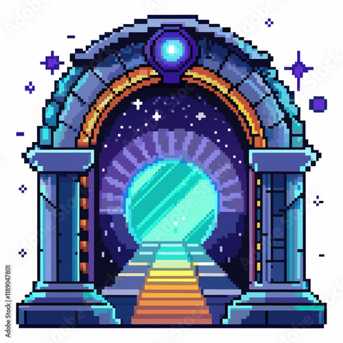 Pixel Art Magical Portal with Cosmic Stars and Mystical Gateway