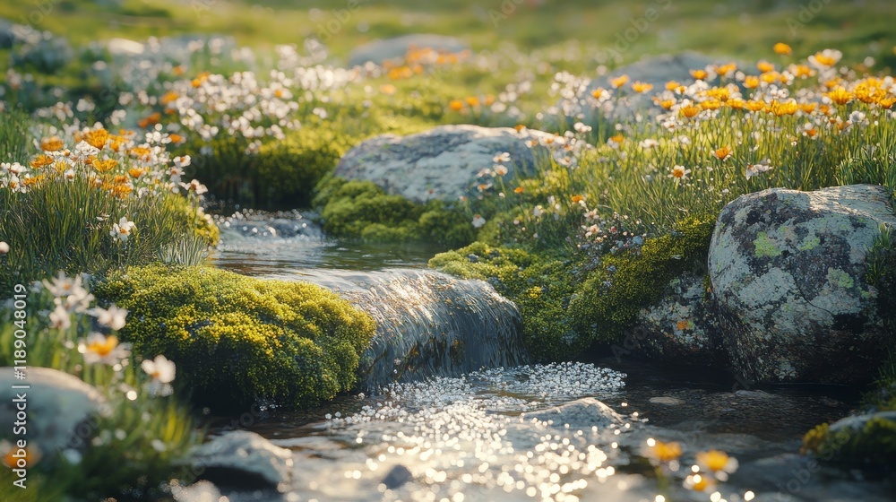 A serene and sun-drenched mountain stream surrounded by wildflowers and mossy rocks creates a peaceful natural scene A serene and sun-drenched mountain stream surrounded by wildflowers and mossy rocks creates a peaceful natural scene