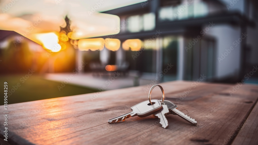 Keys on wooden surface, sunset glow, residential background, shallow depth of field, warm tones, house keys, metal keyring, rustic wood texture, golden hour lighting, suburban setting, soft focus, nos Keys on wooden surface, sunset glow, residential background, shallow depth of field, warm tones, house keys, metal keyring, rustic wood texture, golden hour lighting, suburban setting, soft focus, nos