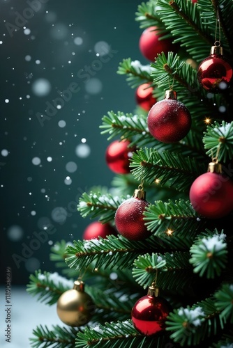Snowflakes gently falling around a red Christmas tree, evergreen, festive, ornaments
