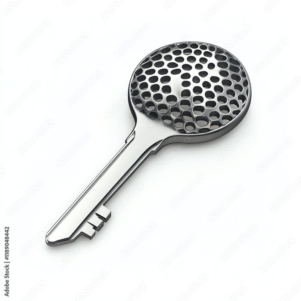 Stylish metal key with perforated style, isolated on a white background. Stylish metal key with perforated style, isolated on a white background.