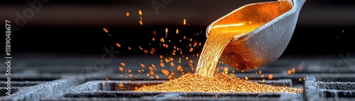 Molten Metal Pouring from Ladle with Sparks on Industrial Workshop Background photo