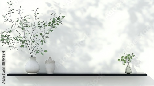 Wallpaper Mural Minimalist shelf with vases, plants, and shadow patterns on a white wall. Torontodigital.ca