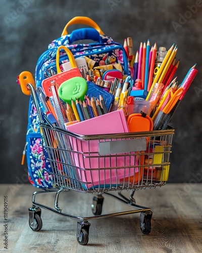 Backtoschool shopping cart overflowing with colorful school supplies, including paper, pencils, a lunchbox, and a new backpack ready for the classroom photo