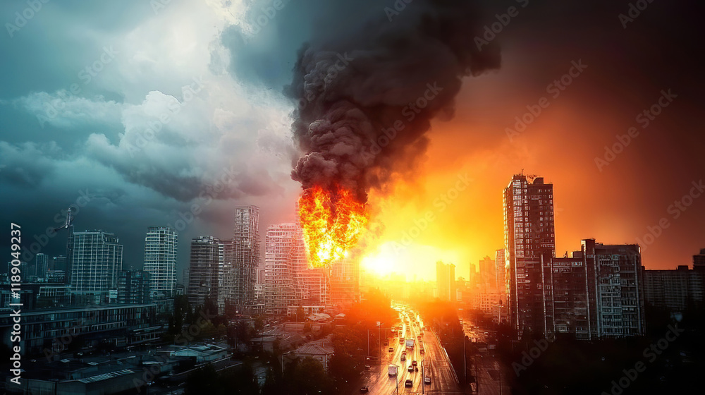 Climate change impacts include floods droughts and the need for adaptation. Dramatic Urban Fire at Dusk with Black Smoke and Flames