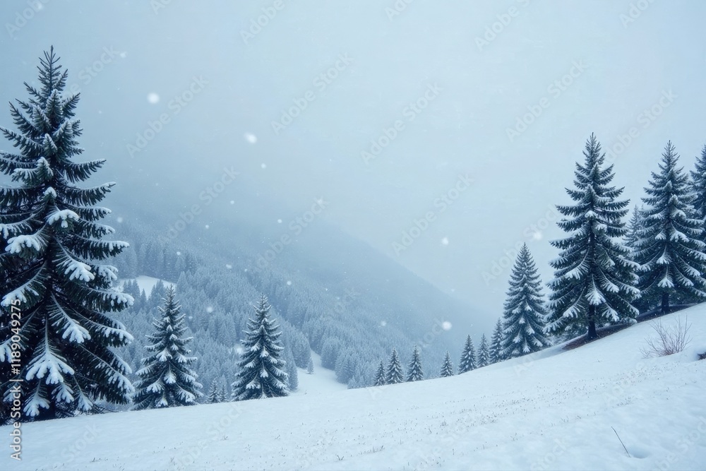Fototapeta premium Snowflakes gently fall on a frosty landscape of trees and hills, branches, nature, winter