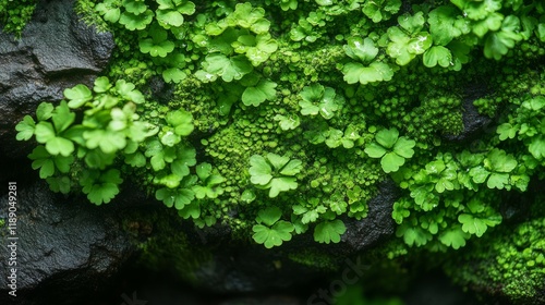 Lush green ferns and moss clinging to dark rock creating a vibrant natural texture