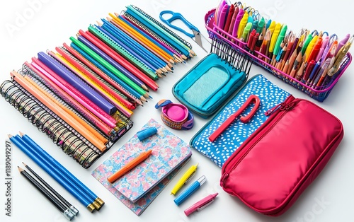 Backtoschool shopping cart with supplies like notebooks, erasers, scissors, pens, and a pencil case, ready for the new school year photo