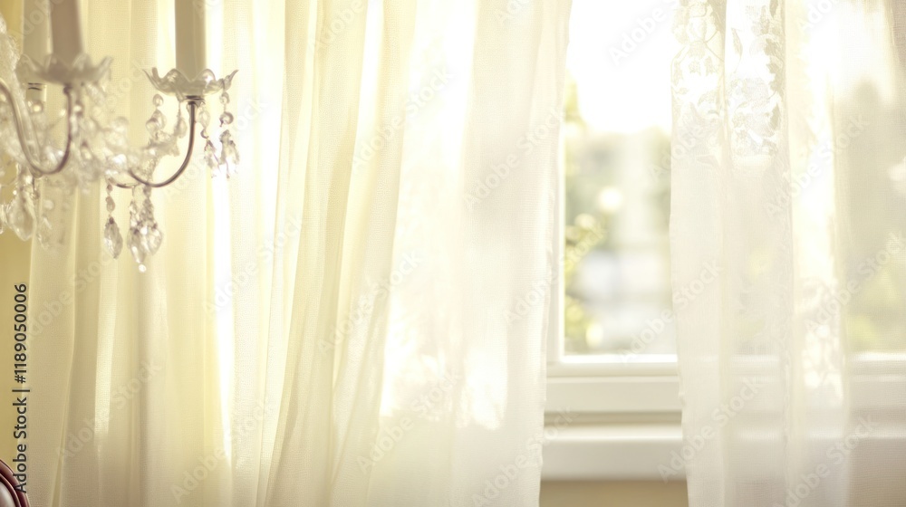 Sunlit sheer curtains and crystal chandelier near window. Sunlit sheer curtains and crystal chandelier near window.