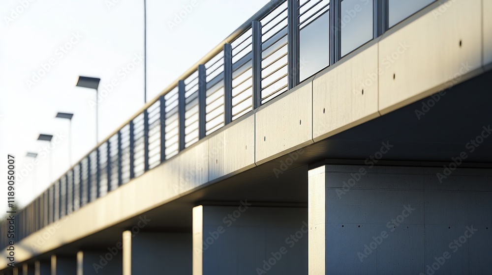 Modern concrete pedestrian bridge with metal railing at sunset. Modern concrete pedestrian bridge with metal railing at sunset.