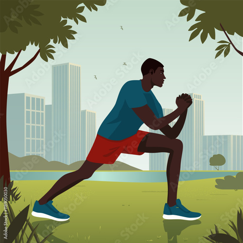 A vector illustration of a man in a stretching pose in a serene urban park setting. The character is dressed in a blue shirt, red shorts, and sneakers, preparing for outdoor fitness or a workout. The