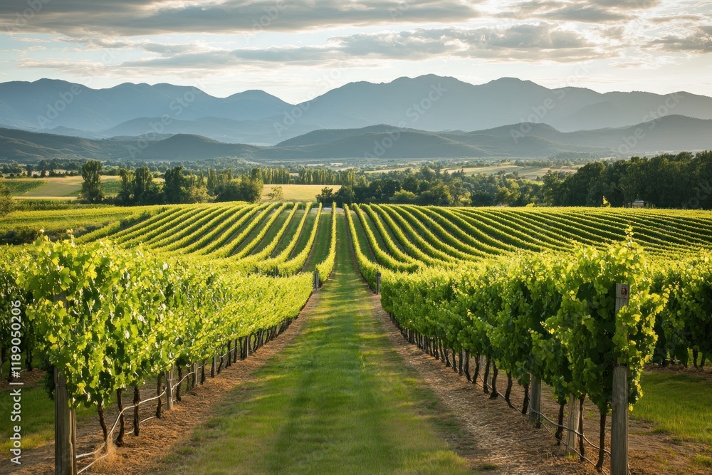 Fototapeta premium Vineyard Rows Stretch Towards Majestic Mountains