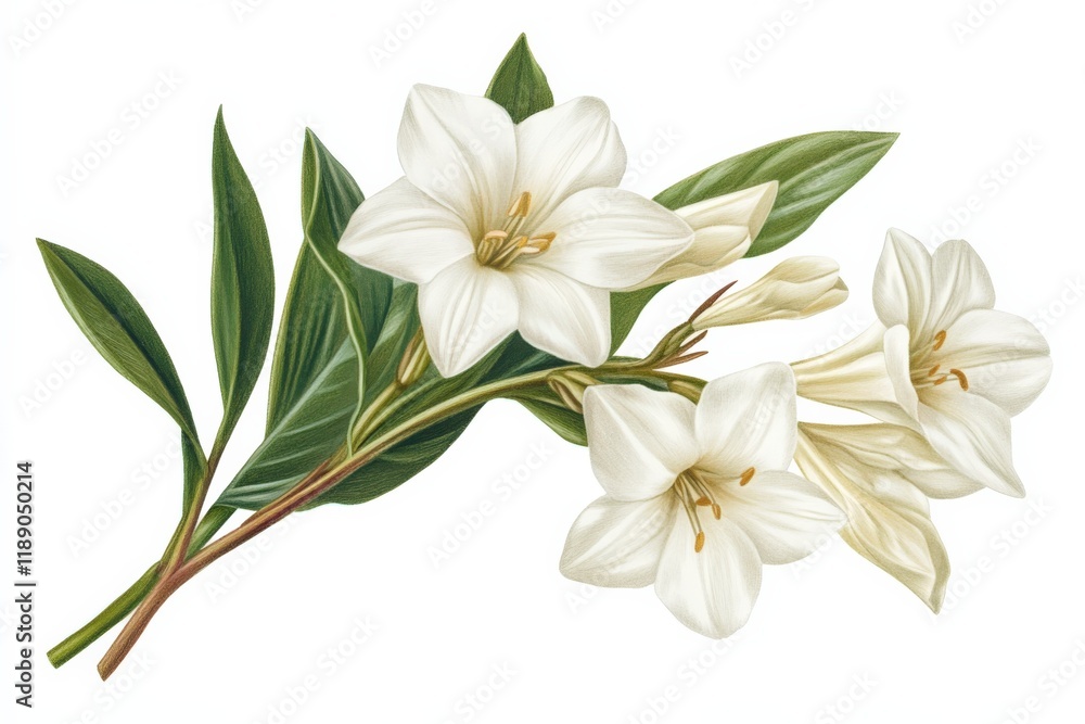 Fototapeta premium white flowers and green leaves on a stem