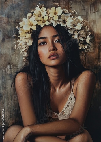 Portrait of a young woman with a flower crown.
