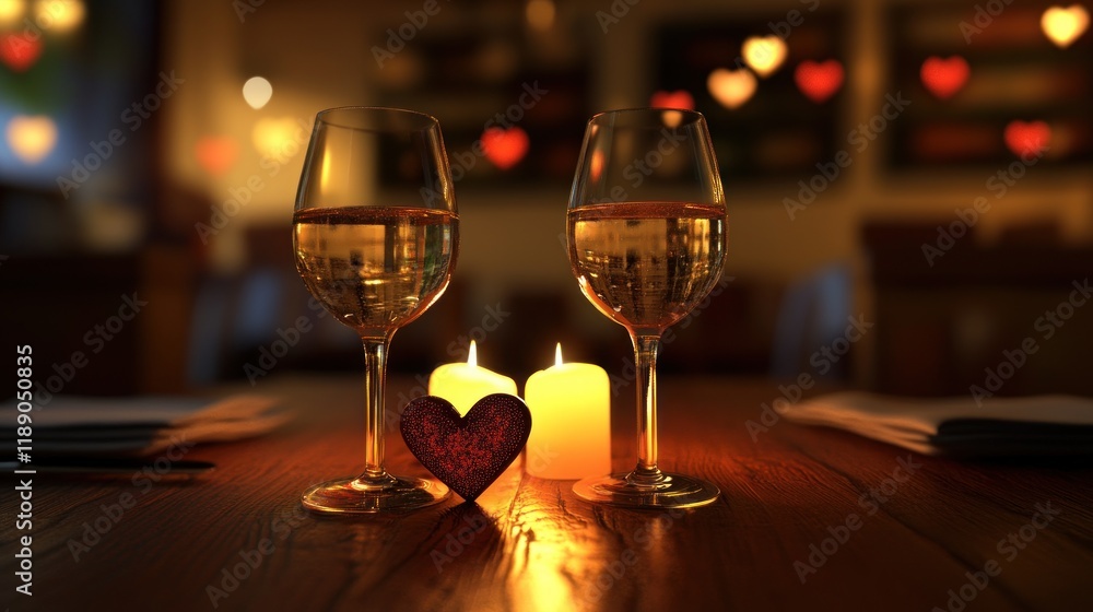 Romantic dinner for two with wine, candles, and heart decor. Romantic dinner for two with wine, candles, and heart decor.