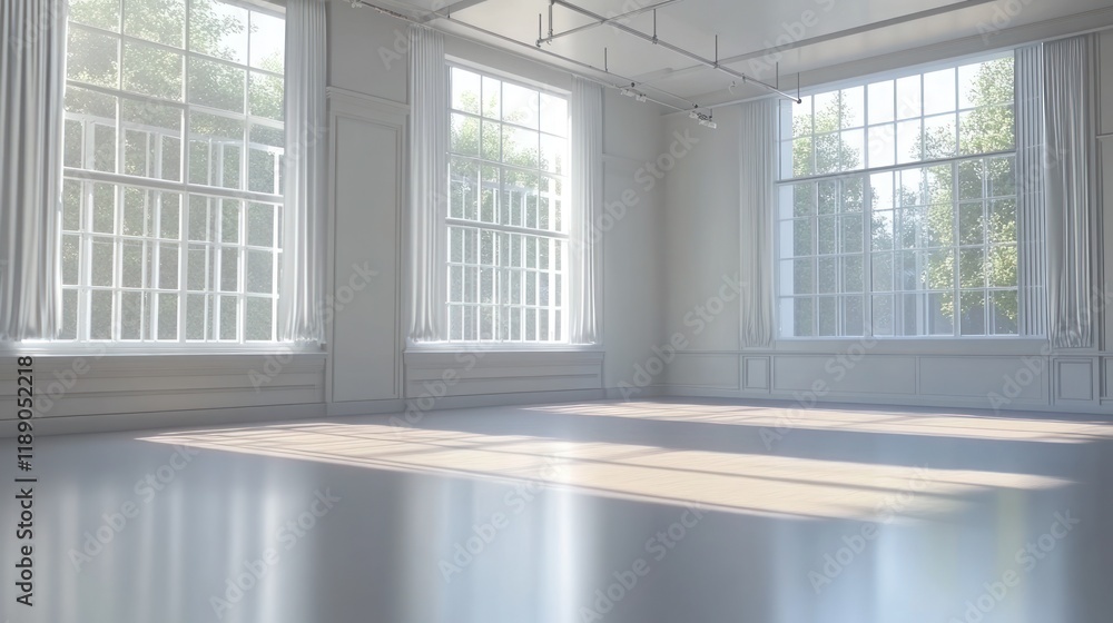 Fototapeta premium Sunlit empty white room with large windows and hardwood floor.