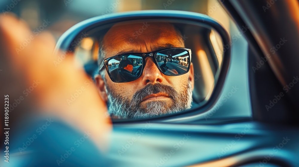 Man with beard and sunglasses reflected in car mirror. Man with beard and sunglasses reflected in car mirror.