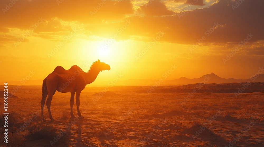 Silhouette of a camel at sunset in the desert, golden hour light illuminating the landscape Silhouette of a camel at sunset in the desert, golden hour light illuminating the landscape