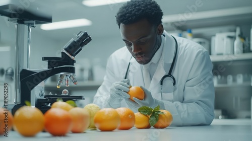 food safety and compliance, doctor examines fruit or vegetables in a laboratory, 16:9 photo