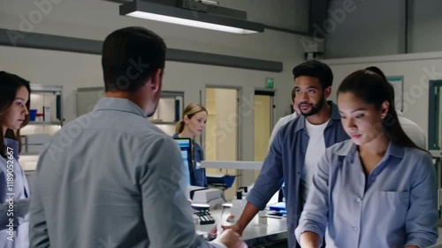 A supportive interaction between team members during a technical experiment.