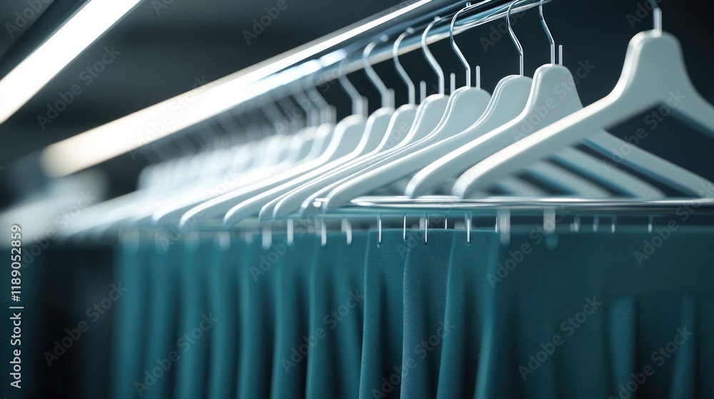 Fototapeta premium Teal pants hanging on white hangers in a modern closet.