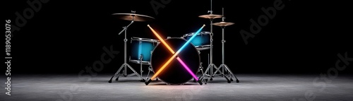 Colorful Neon Lights Behind a Drum Set on a Dark Background for Music and Entertainment Themes photo