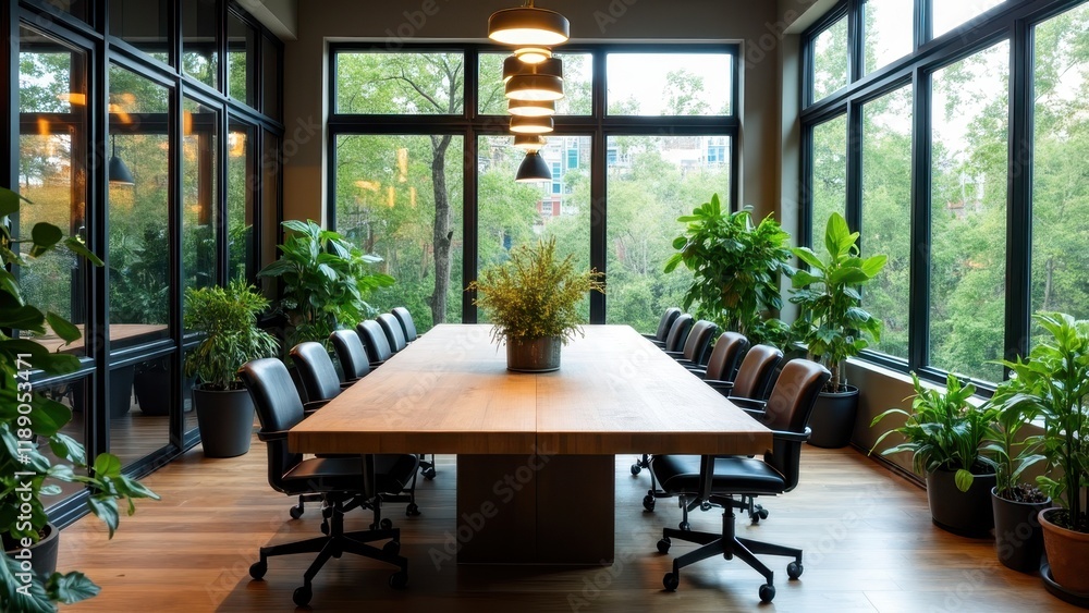 Interior design, dining room, floor-to-ceiling windows, lush forest view, wooden table, black chairs, pendant lights, indoor plants, biophilic design, natural light, modern aesthetic, organic elements Interior design, dining room, floor-to-ceiling windows, lush forest view, wooden table, black chairs, pendant lights, indoor plants, biophilic design, natural light, modern aesthetic, organic elements