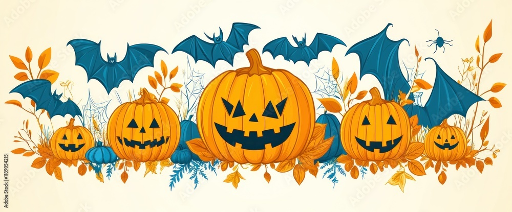 Halloween banner with carved pumpkins, bats, and autumn leaves. Halloween banner with carved pumpkins, bats, and autumn leaves.