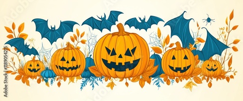 Halloween banner with carved pumpkins, bats, and autumn leaves. photo