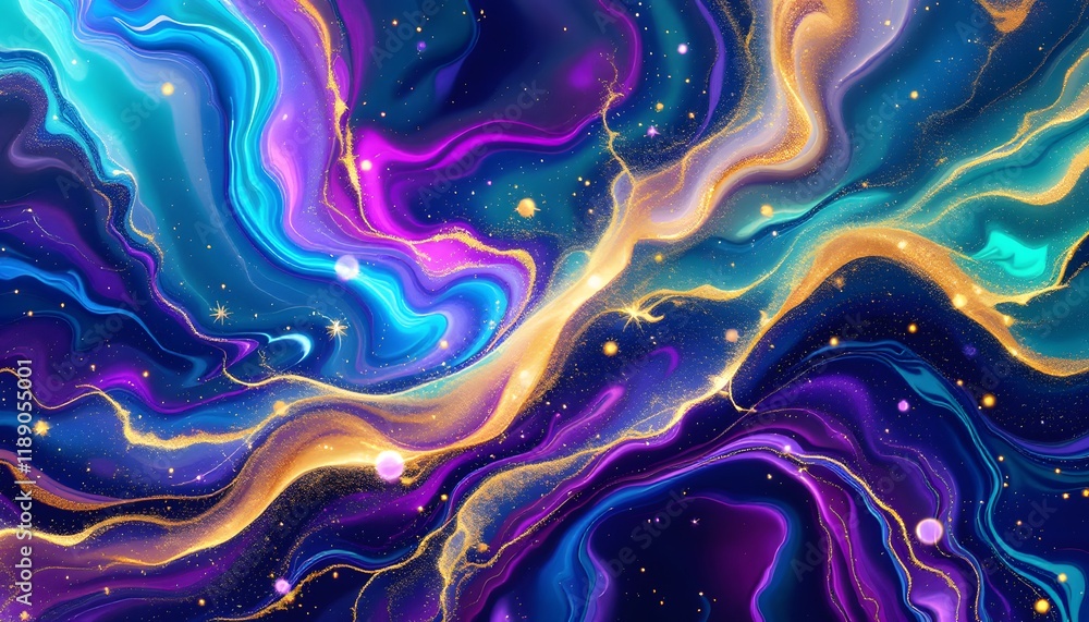 Obraz premium Vibrant fluid art background with golden accents - symbolizes cosmic elegance and creativity - suitable for digital design, website backgrounds, or art prints