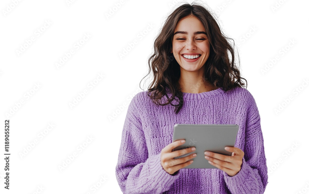 Laughing woman in a purple sweater holding a tablet horizontally, exuding joy and confidence, with a clean white background.
Laughing woman in a purple sweater holding a tablet horizontally, exuding joy and confidence, with a clean white background.