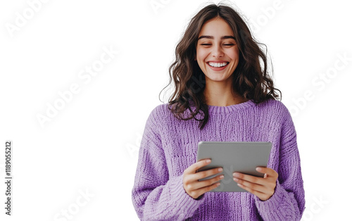 Laughing woman in a purple sweater holding a tablet horizontally, exuding joy and confidence, with a clean white background.

