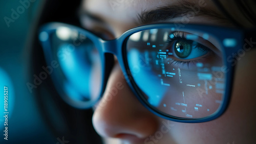 Close-up of Eyes and Glasses with Tech Reflection, Cyber Security Concept,