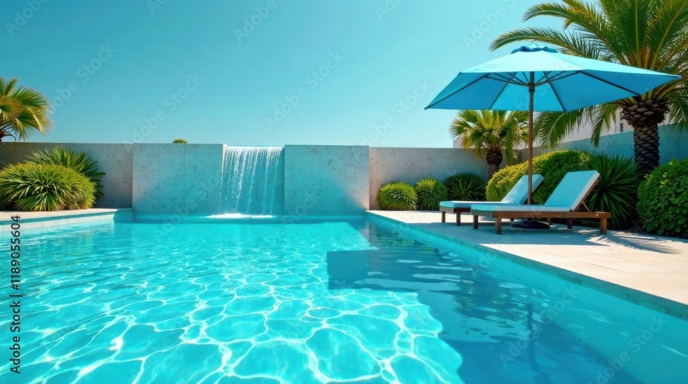 Fototapeta premium Relaxing Oasis Sparkling Pool, Waterfall Feature, and Luxurious Lounge Chairs under a Blue Patio Umbrella