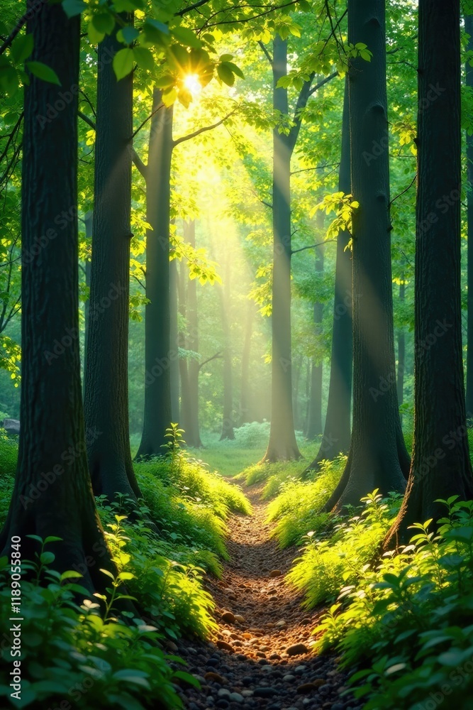 Obraz premium Sunlit forest floor with prominent tree trunks and lush greenery, sunlight, woodland, landscape