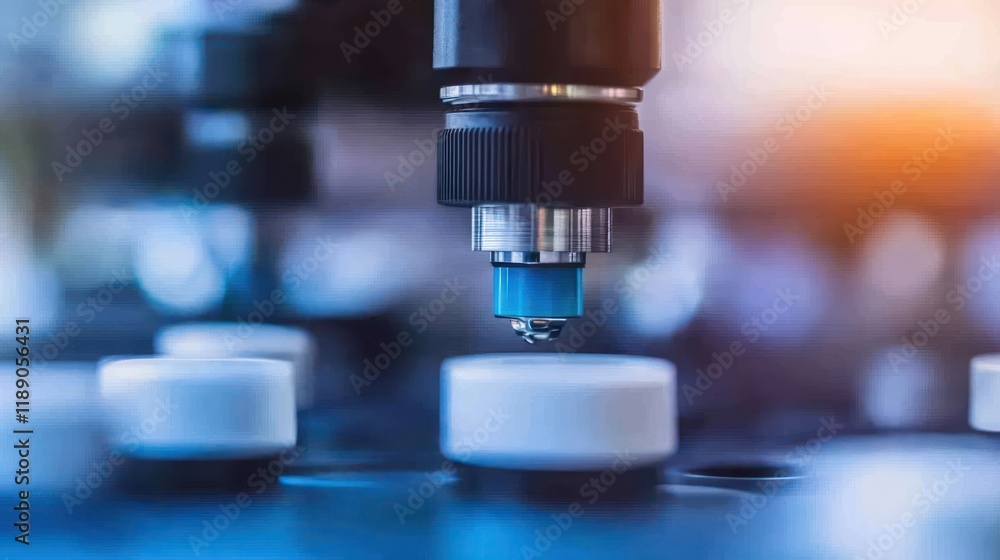 Close-up of robotic arm dispensing liquid onto surface. Close-up of robotic arm dispensing liquid onto surface.
