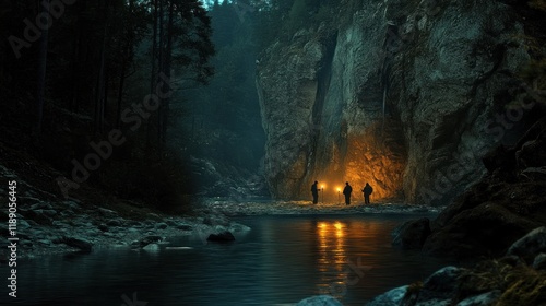 Two figures with lanterns explore a dark, mysterious cave by a river in a forest at night.