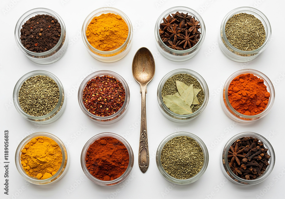 Aromatic Spices and Herbs Collection in Glass Jars Culinary Ingredients Food Photography Aromatic Spices and Herbs Collection in Glass Jars Culinary Ingredients Food Photography