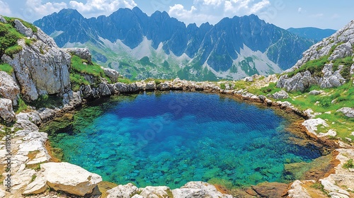 A golden hour glow on a calm blue lake, surrounded by towering mountains and misty clouds drifting through the air. photo