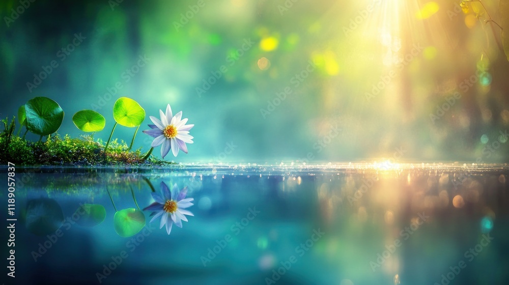 Serene sunrise scene of a water lily reflected in calm water. Serene sunrise scene of a water lily reflected in calm water.