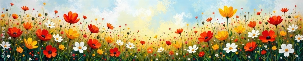 Thick, heavy brushstrokes create a dynamic and expressive oil painting of a wildflower field, floral, nature, thick brush strokes