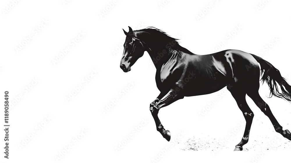 Fototapeta premium Black Horse Running Majestically Against White Background