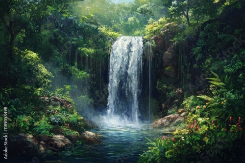 Lush Tropical Waterfall Cascading into Tranquil Pool