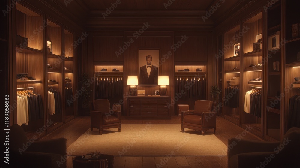 Fototapeta premium Luxurious menswear boutique interior at night, featuring suits, shoes, and leather armchairs.