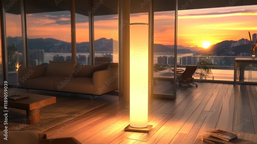 Fototapeta premium Sunset view from modern apartment living room with illuminated floor lamp.