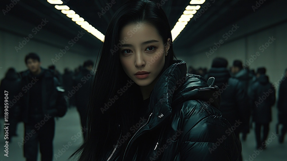 Naklejka premium Woman in black puffer jacket stares intensely in a dark hallway, blurred crowd behind.